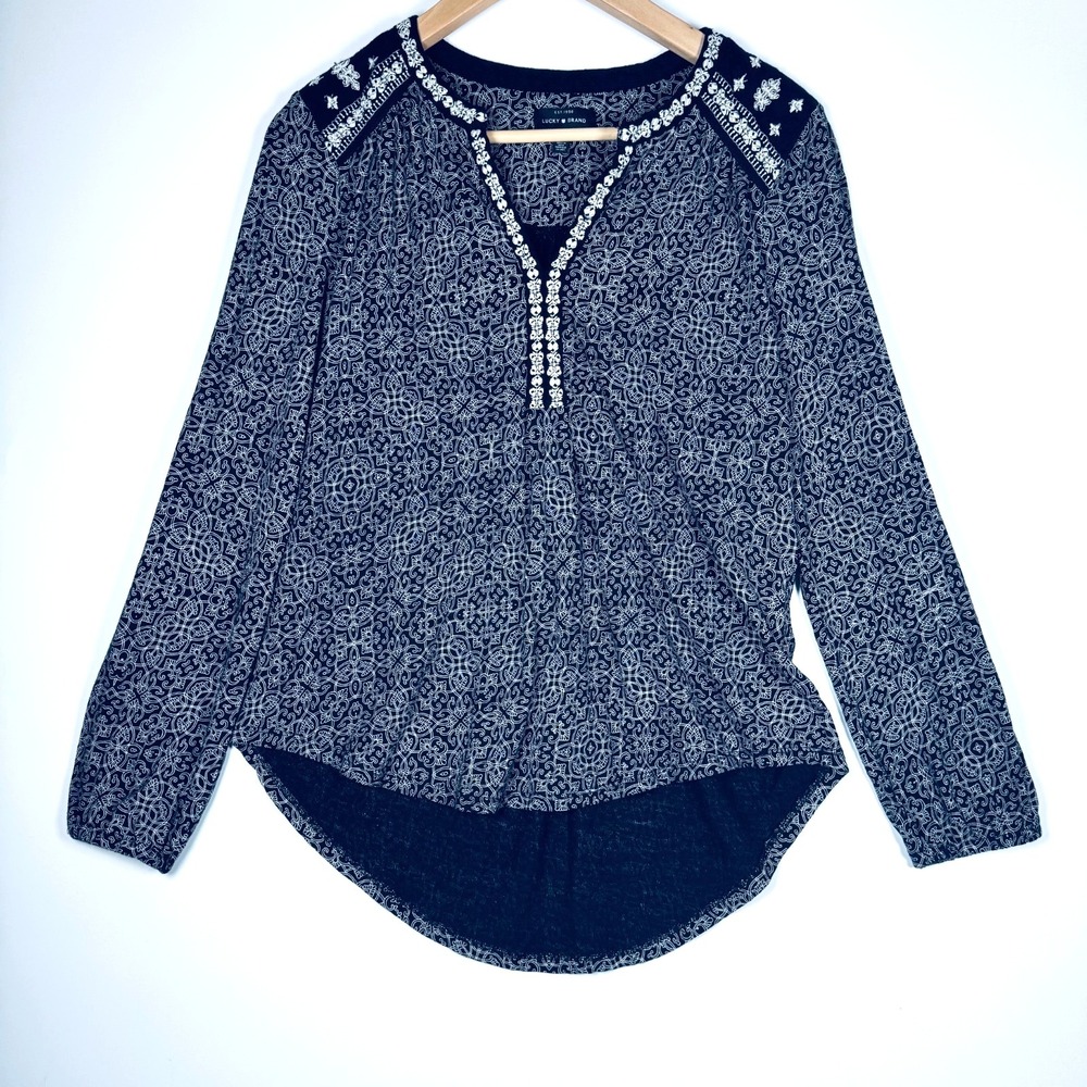 Lucky Brand Blouse Womens‎ Small Black Gray Embroidered Boho Peasant Top Relaxed